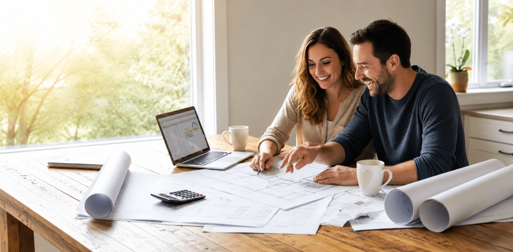 Homeowners reviewing architectural plans and project costs while planning a home extension or second storey addition in Sydney.