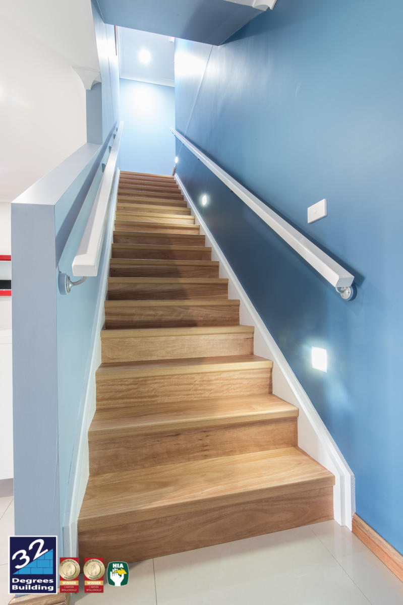 Staircase finished in engineered timber flooring Second storey addition, Harrington Park