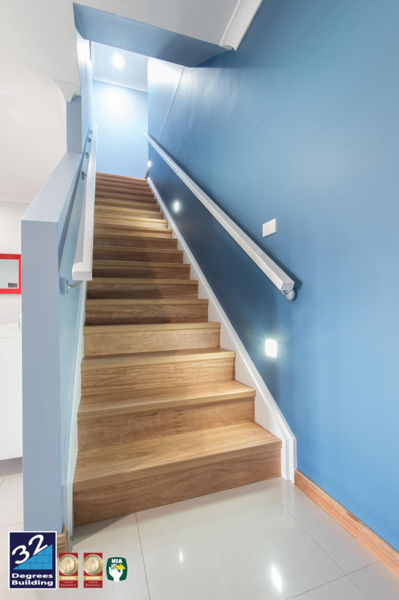 Staircase finished in engineered timber flooring Second storey addition, Harrington Park