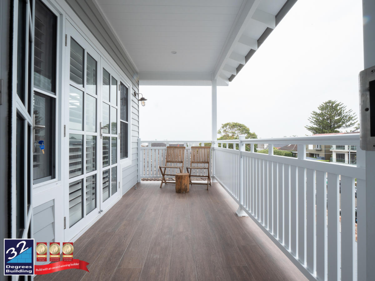 Front balcony of a Hamptons second storey addition in Coogee. 