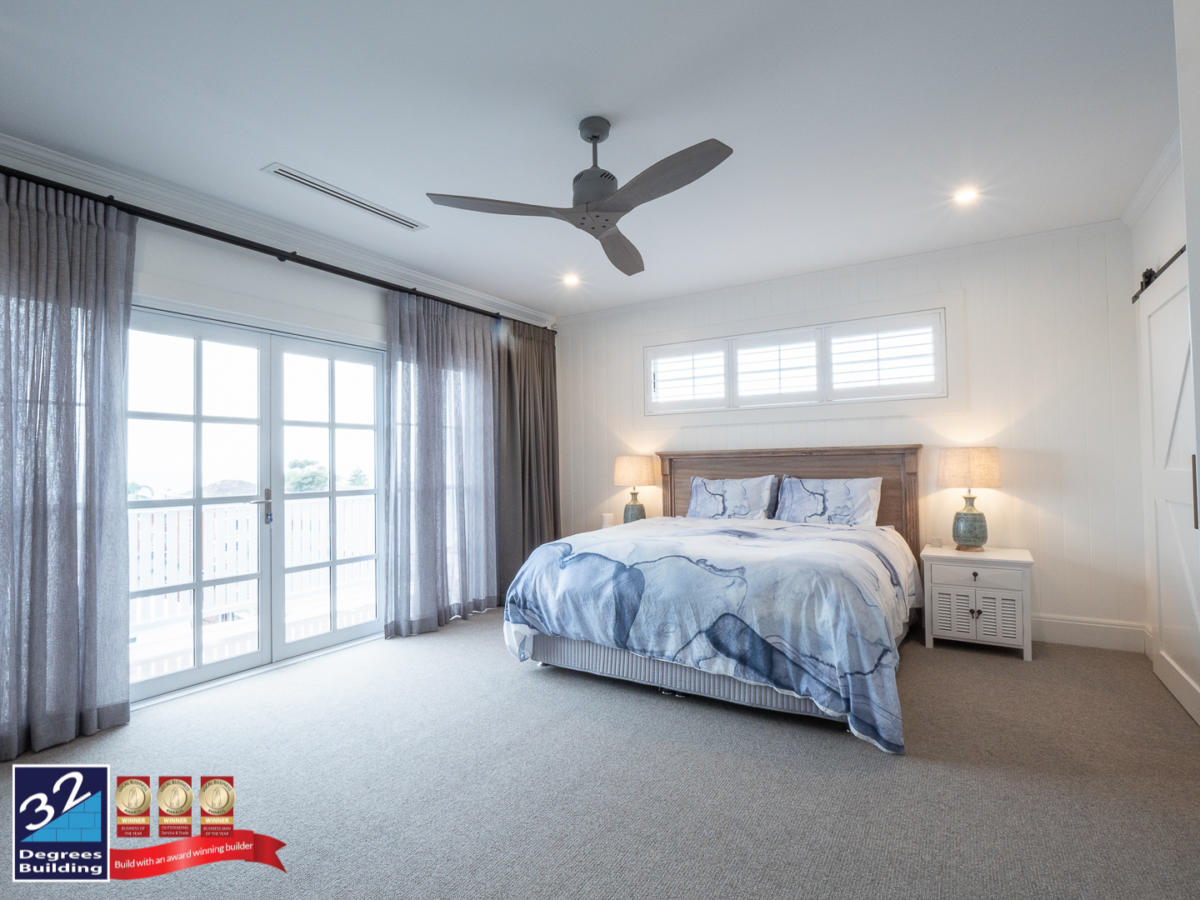 Master bedroom of a Hamptons second storey addition in Coogee. 
