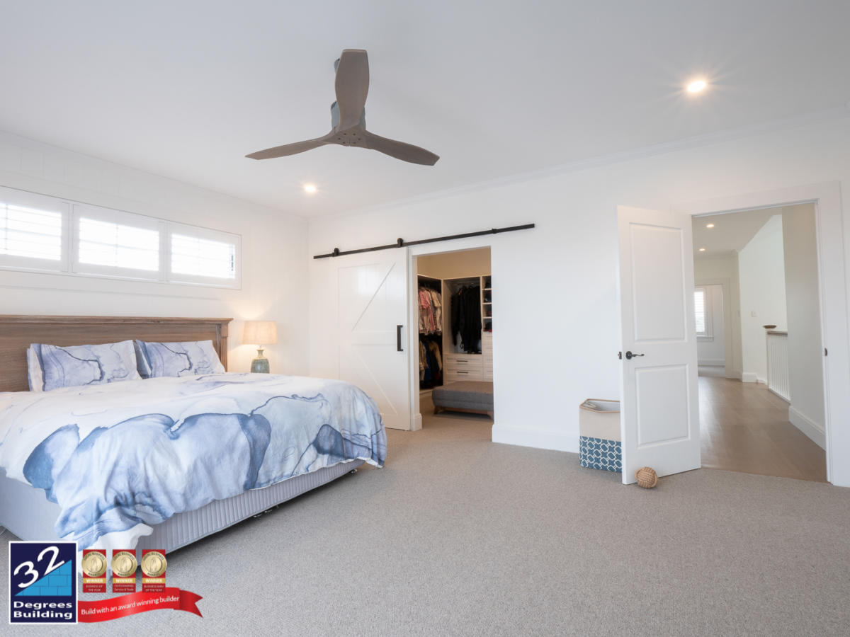 Master bedroom of a Hamptons second storey addition in Coogee. 